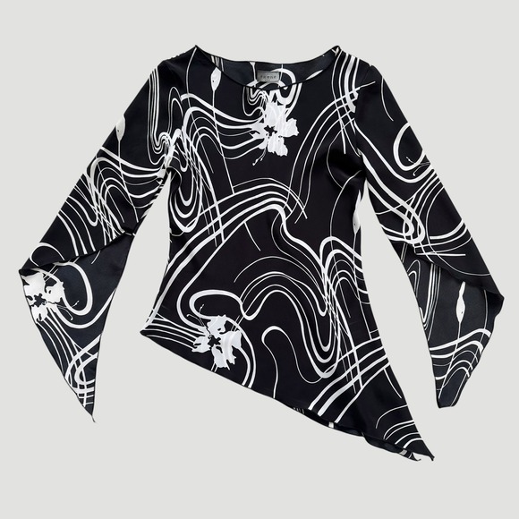 Vintage Ozone USA Black White Asymmetrical Handkerchief Blouse M Y2K Whimsigoth - Picture 11 of 13